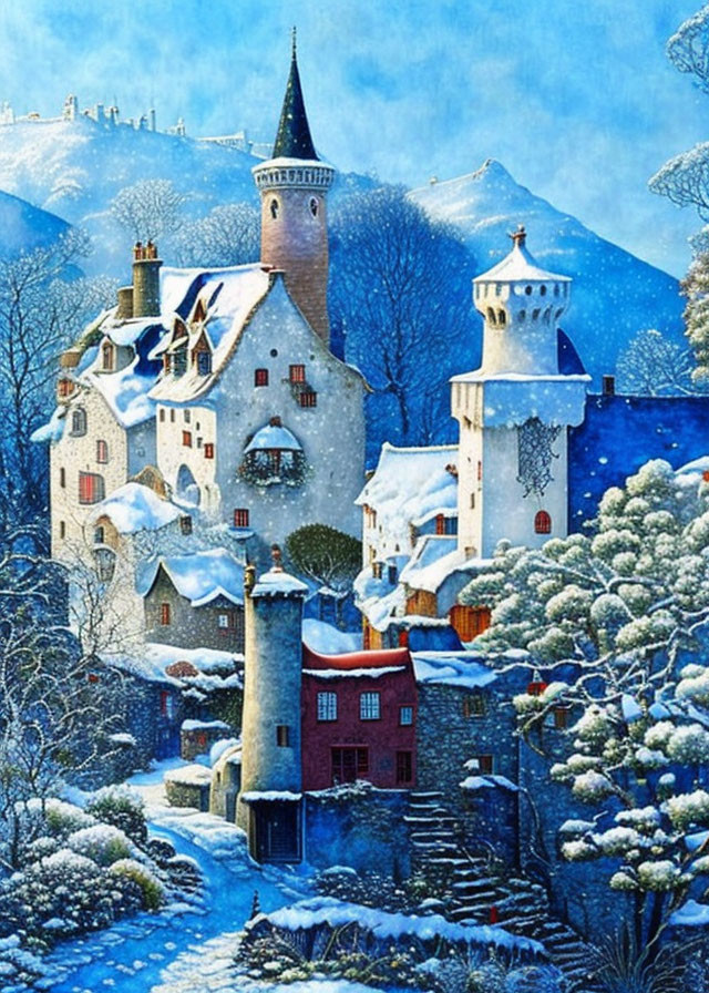 Snow-covered village with charming cottages and towers in twilight scene