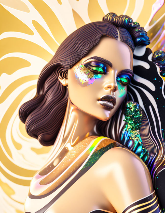 Stylized digital artwork of woman with striking makeup and glitter accents