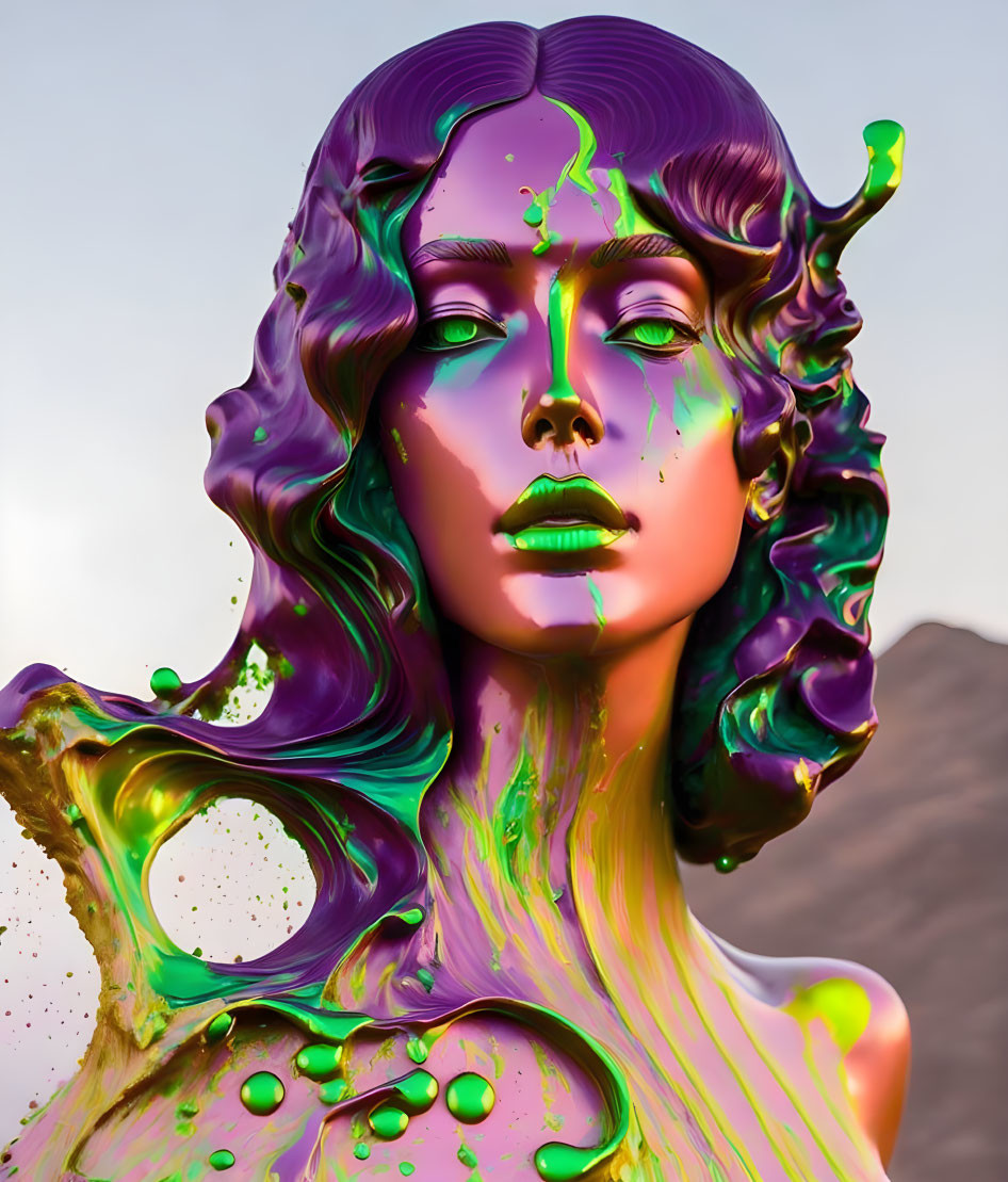 Colorful digital artwork: Woman with flowing, liquid-like hair in purple, green, and gold hues