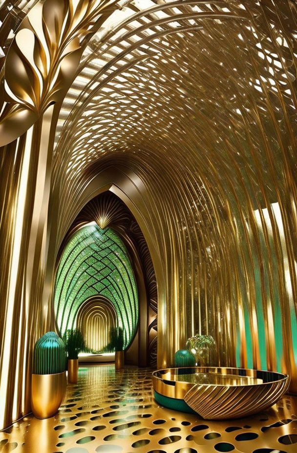 Luxurious Gold-Toned Interior with Arched Geometric Ceiling & Green Circular Feature