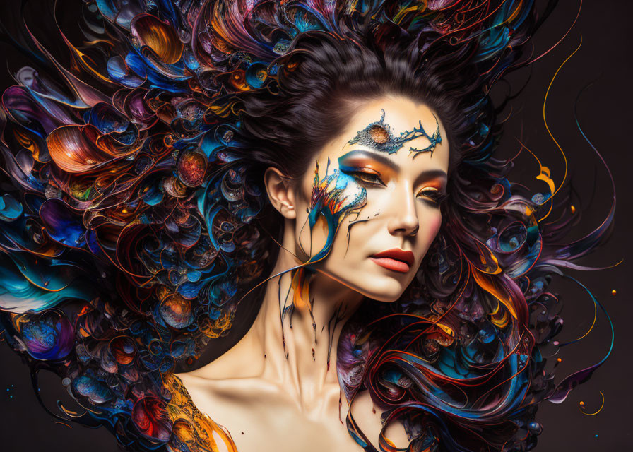 Colorful peacock feather-inspired hair design on woman with dramatic makeup