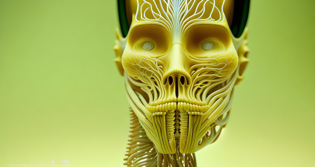 Detailed 3D Humanoid Head with Yellow Skull Features on Green Background