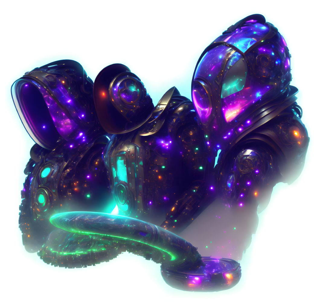 Iridescent futuristic suit with purple lights and cosmic accents