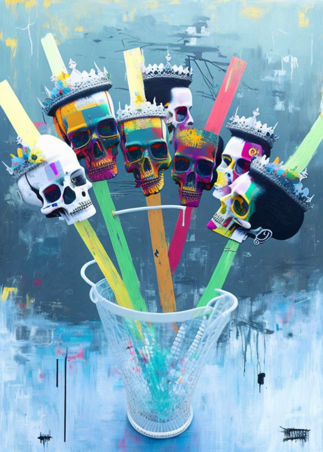 Colorful painted skull crowns on sticks in trash bin on blue background