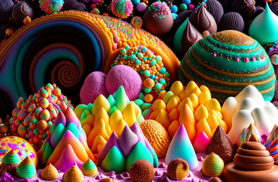 Colorful Abstract Image of Whimsical Candy Shapes in Textured Landscape