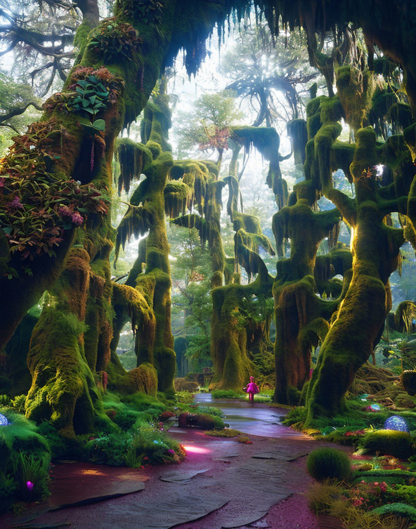 Enchanted forest with moss-covered trees and glowing path