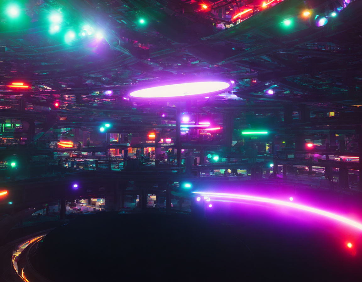 Futuristic neon-lit interior with layered circular platforms and vibrant lights