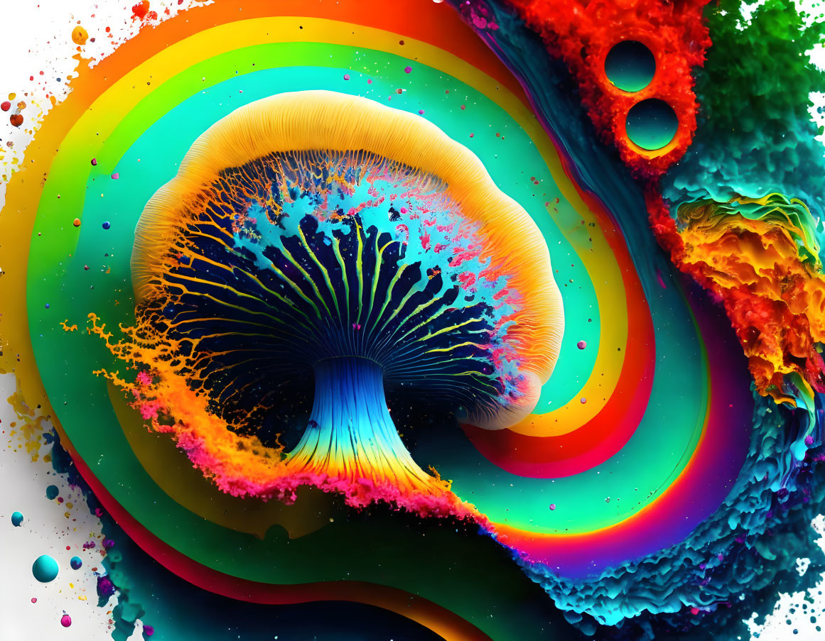 Colorful Neon Mushroom Art with Rainbow Circles and Paint Splashes