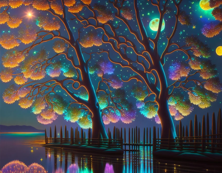 Colorful Tree Illustration Under Starry Night Sky Reflecting on Water