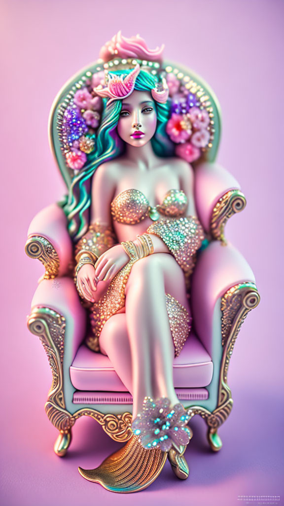 Vibrant teal-haired mermaid on ornate pink chair