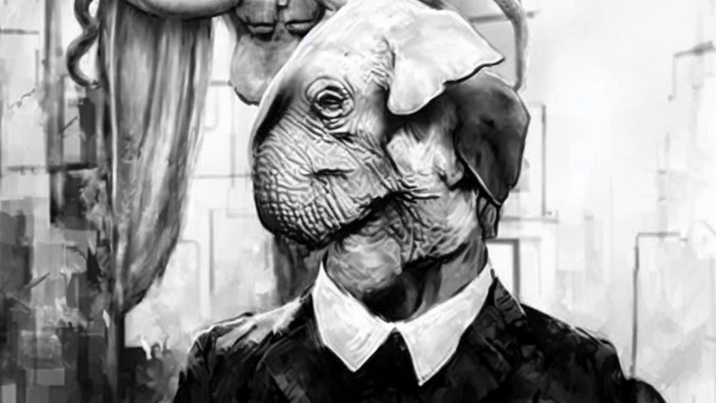 Monochrome surreal artwork: elephant head on person's body in suit