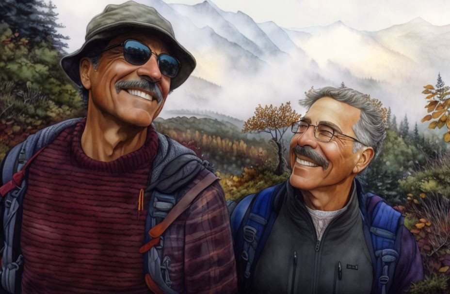 Men with Mustaches Hiking in Misty Mountain Landscape