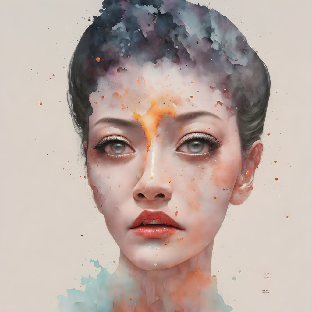 Surreal portrait of a woman with watercolor blending and vibrant splashes