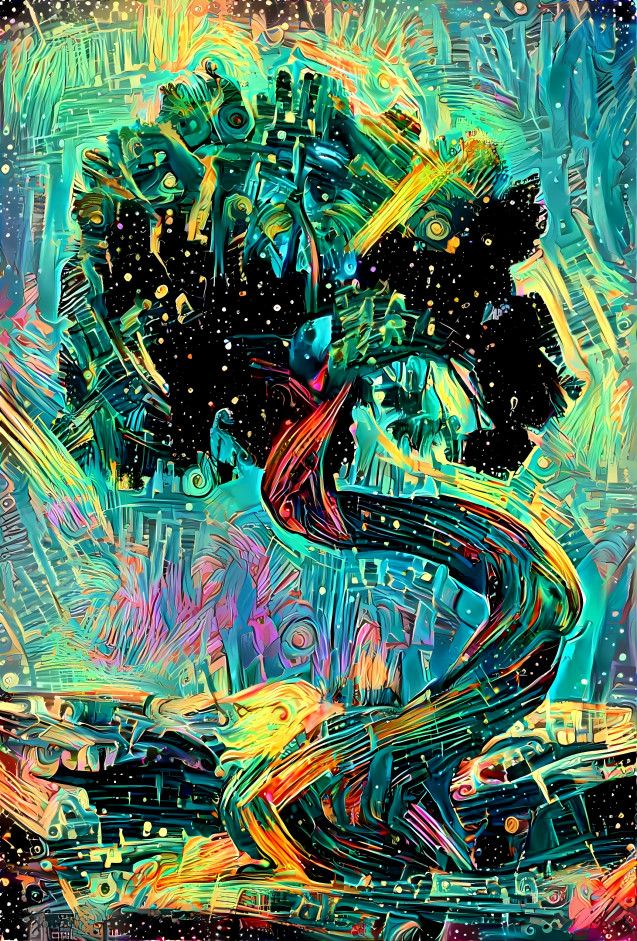 twisted tree, aqua blue, green, yellow, black