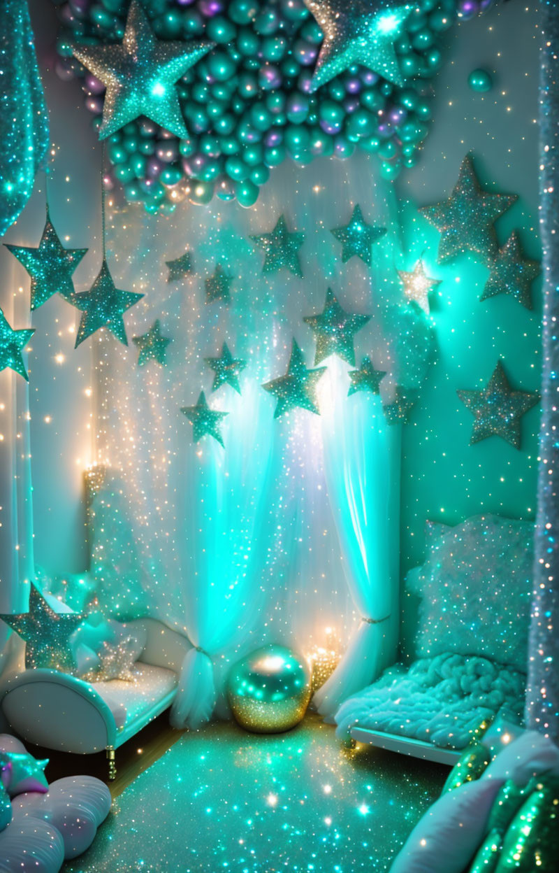 Turquoise and Silver Glittering Room with Star Shapes and Cozy Seating