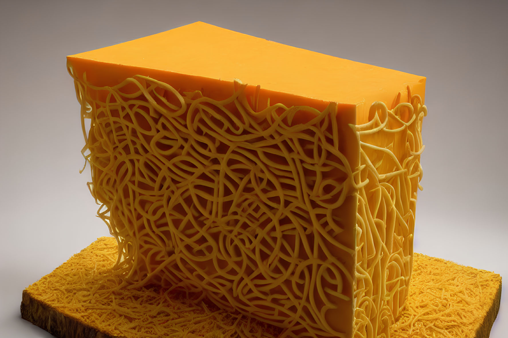 High-resolution image of cube-shaped cheddar cheese with noodle-like designs on textured surface