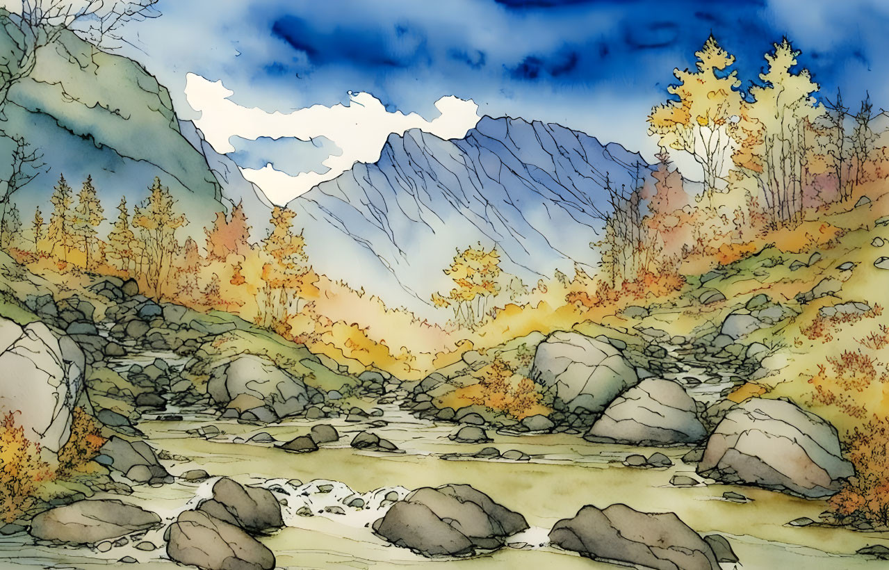 Autumnal mountain landscape watercolor illustration with stream and trees