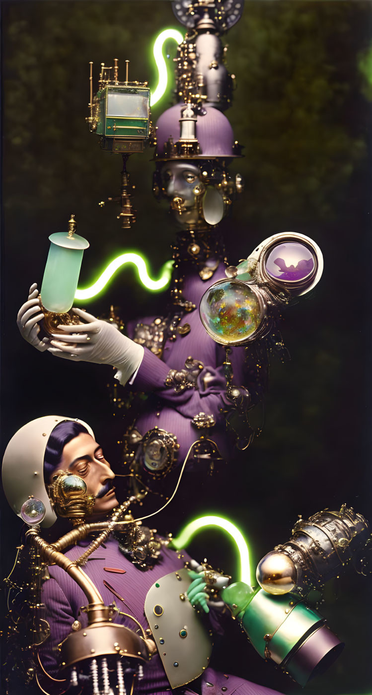 Surreal humanoid figure with mechanical parts and glowing green tube amidst intricate devices and neon swirls on