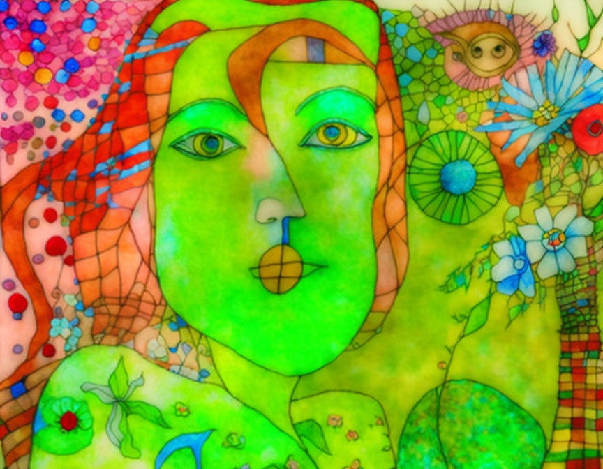 Vibrant abstract painting of green female figure with nature patterns.