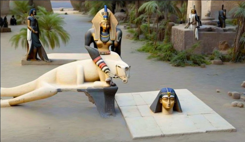 Ancient Egyptian scene with sphinx, statues, and Egypt-themed architecture