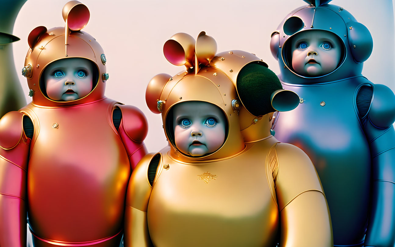 Colorful Toddler Robots in Futuristic Space Suits against Smooth Background