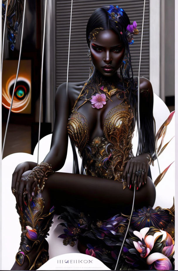 Surreal dark-skinned female figure in golden armor with flowers on abstract backdrop