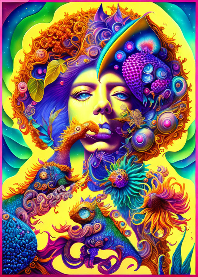 Colorful psychedelic portrait of woman with aquatic and floral elements