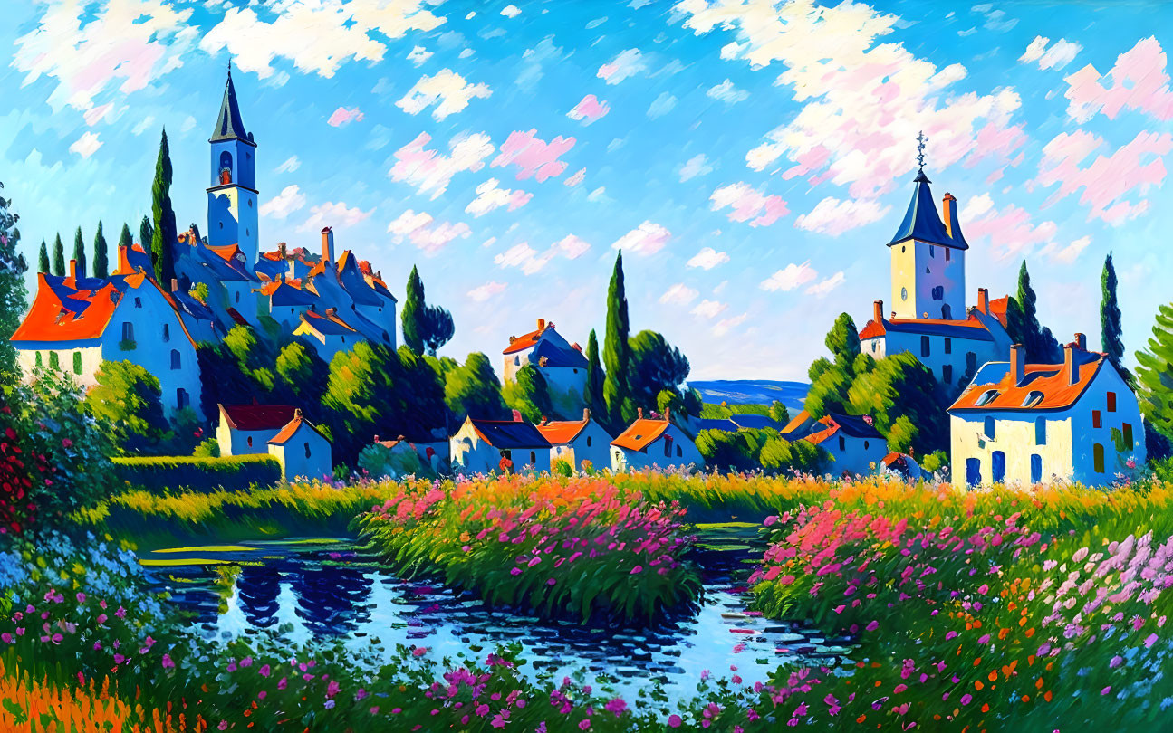 Colorful village painting with flowers, traditional houses, and church tower by river