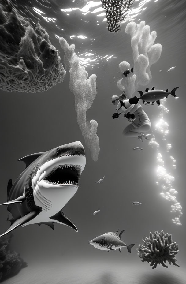 Monochrome underwater scene with shark, fish species, and light rays