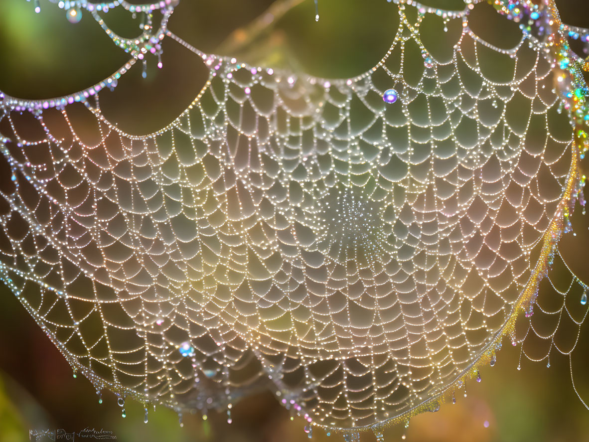 Detailed Close-Up of Dewy Spider Web in Soft Light