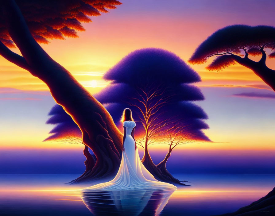 Surreal artwork of woman in white dress by water's edge