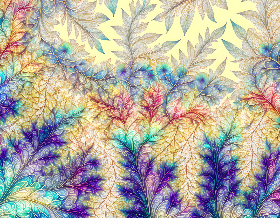 Colorful fractal art with intricate leaf-like patterns in blue, purple, yellow, and red hues