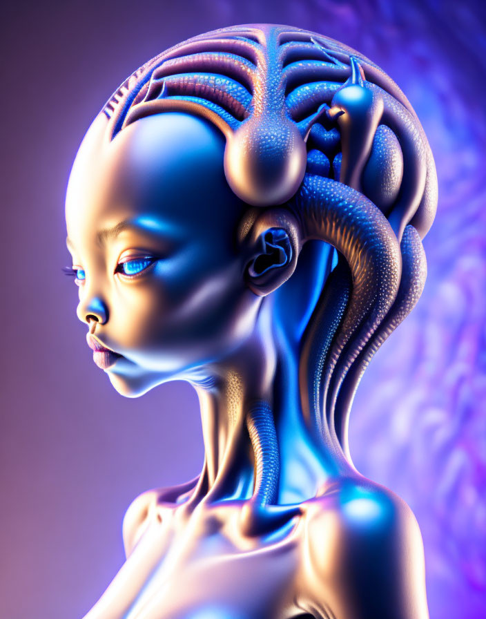 Vibrant 3D female figure with organic hair on purple backdrop