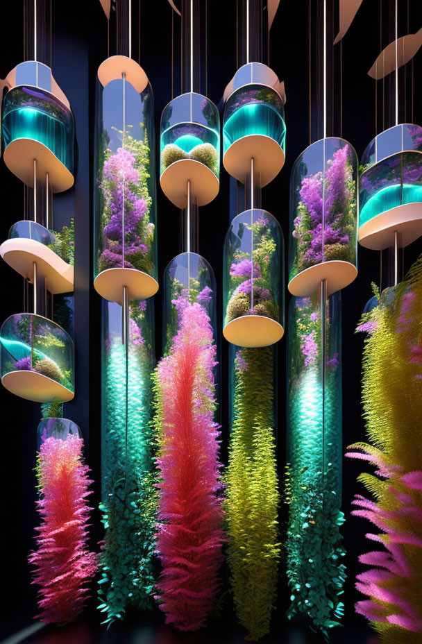 Colorful Coral Plants in Suspended Cylindrical Aquariums