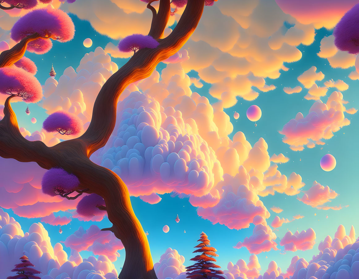 Surreal landscape with purple foliage, twisted trees, floating islands, and colorful clouds