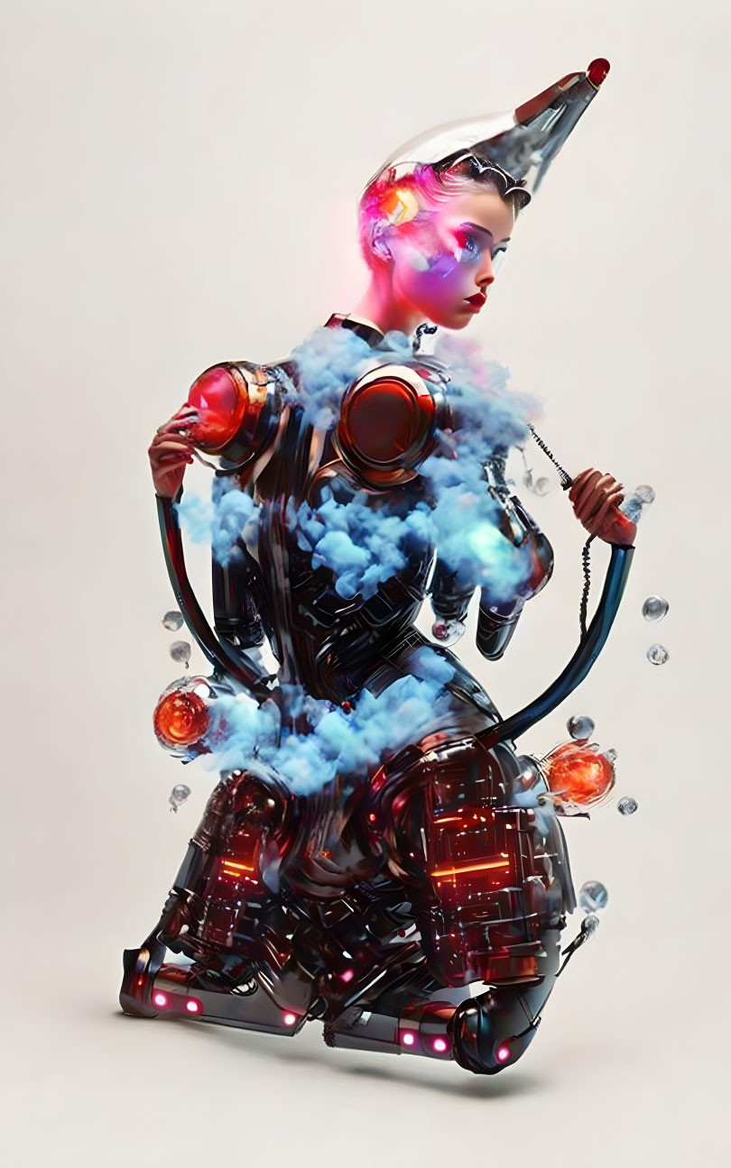 Futuristic humanoid robotic figure with neon lights and misty vapor