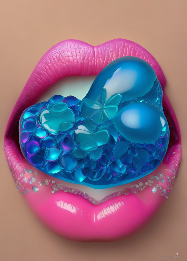 Pink Lips with Blue Liquid and Bubbles Illustration