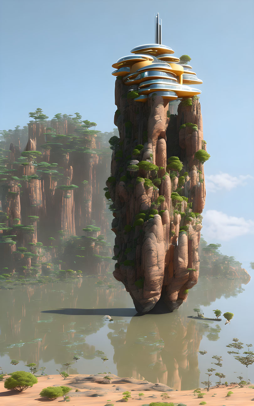 Futuristic building on vertical rock formation with river reflection