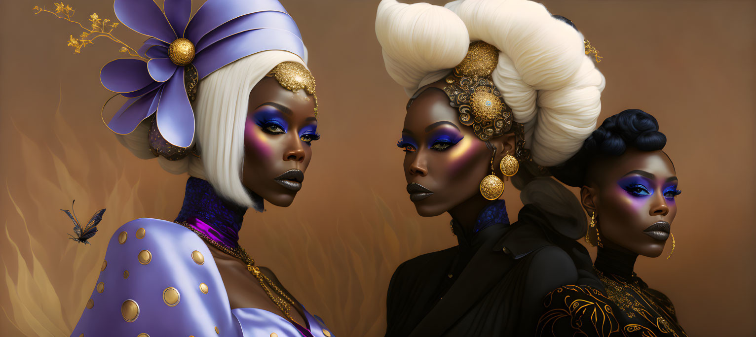 Three women with intricate hairstyles, regal makeup, gold accessories, and butterfly motifs.