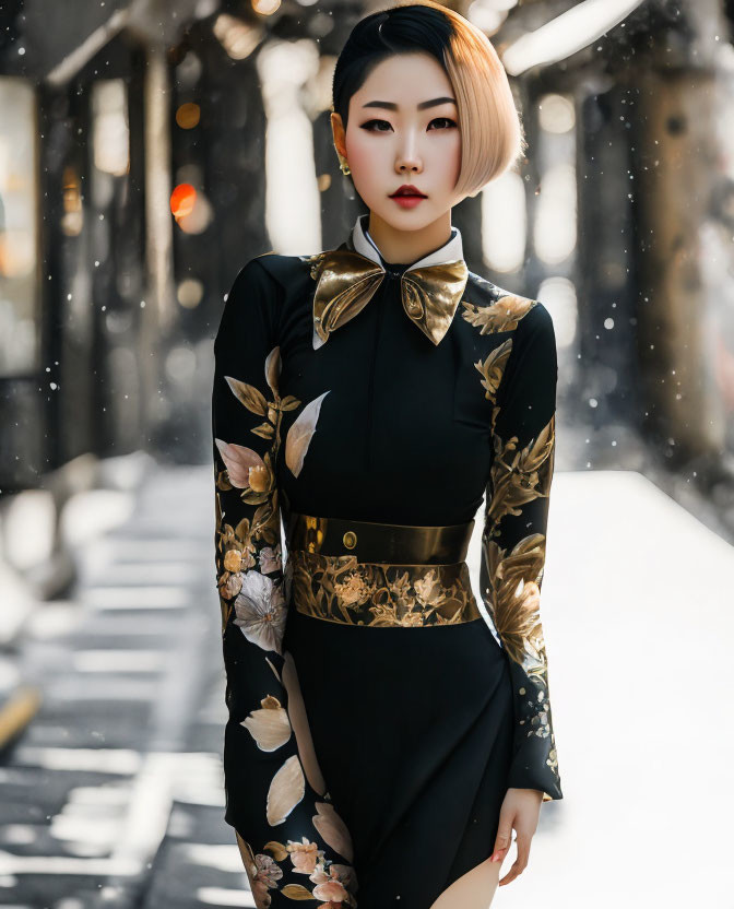 Woman in elegant black dress with gold floral patterns and large bow collar in falling snowflakes.