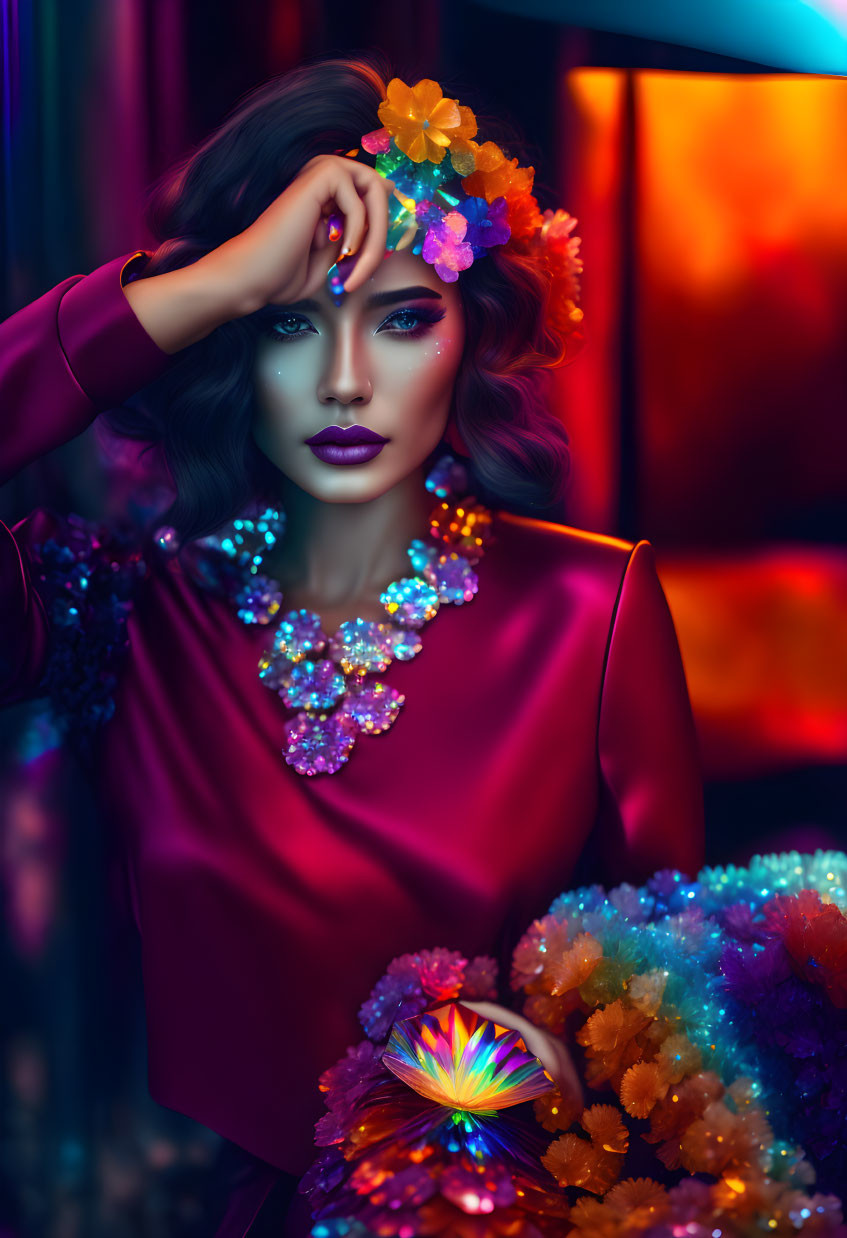 Colorful flower crown woman in vibrant dress against neon-lit backdrop