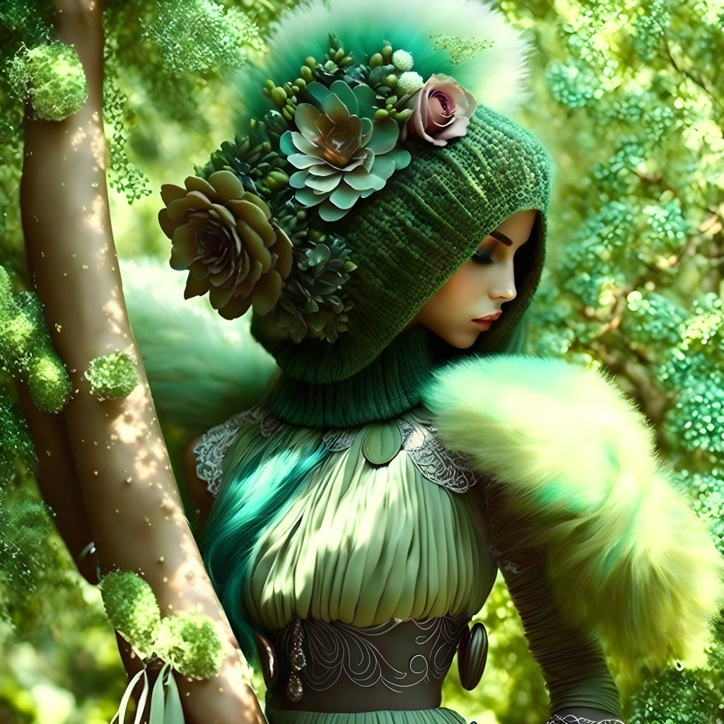 Digital artwork: Woman in green knit hat with floral decorations in mystical forest