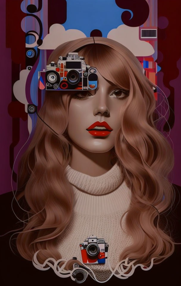 Woman with Long Hair and Camera Eyes in Colorful Abstract Art