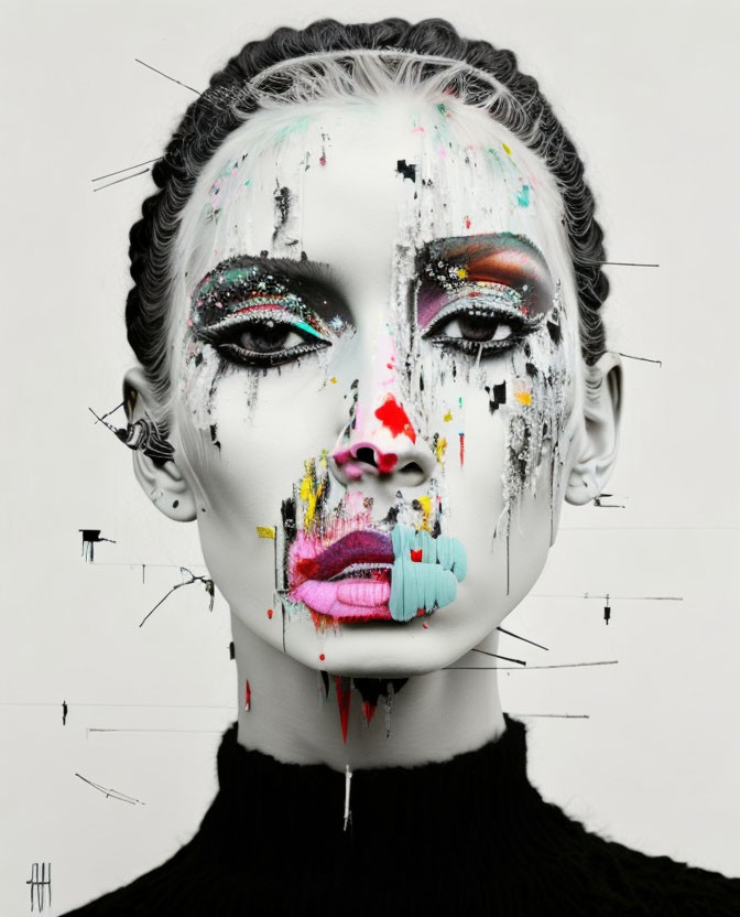 Person with Black and White Makeup and Colorful Paint Drips on Face