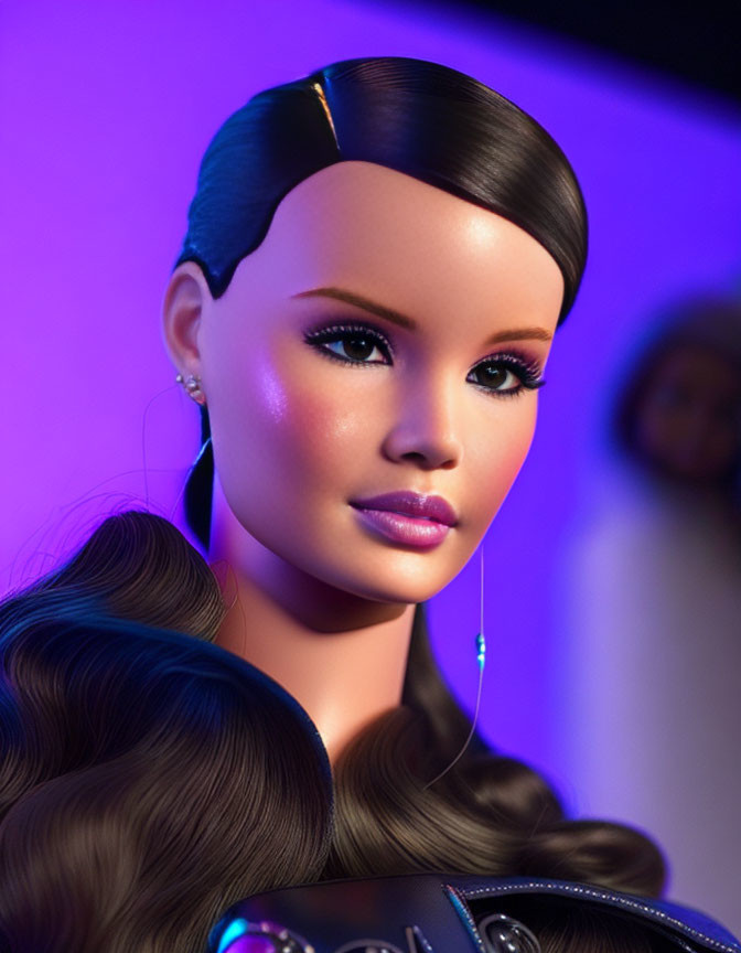 Female Figure 3D Rendering with Sleek Hair, Earrings, and Makeup on Purple and Blue