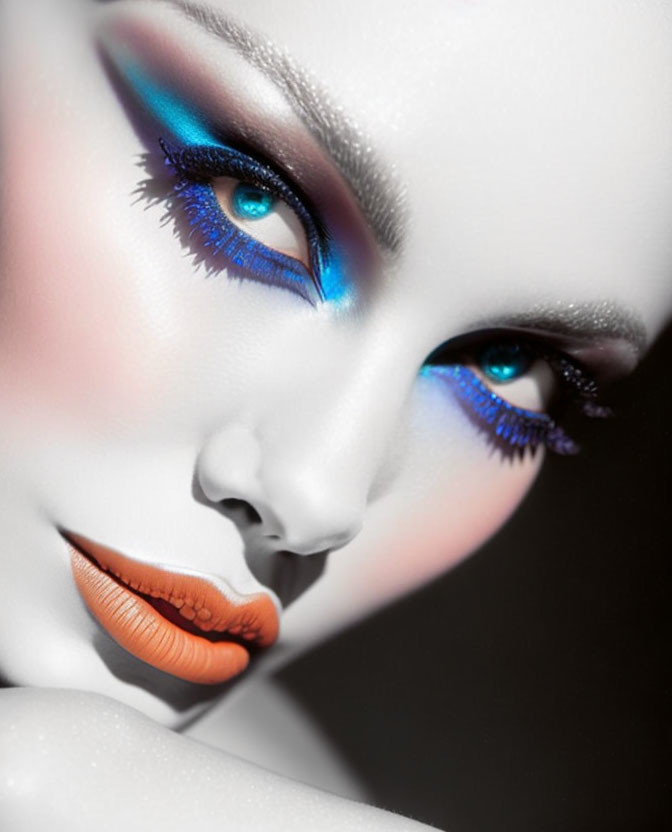 Detailed Close-Up of Striking Blue Eyeshadow and Matte Orange Lipstick