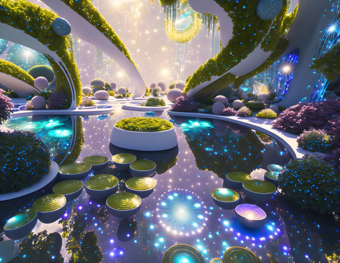 Glowing fantasy landscape with green pathways and futuristic elements