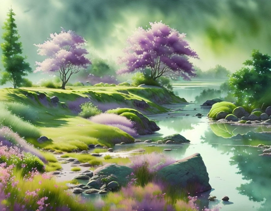 Tranquil landscape with purple trees, greenery, river, and pink flowers