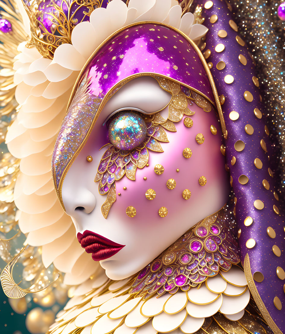 Artistic face portrait with purple mask, gold accents, red lips, and golden florals.