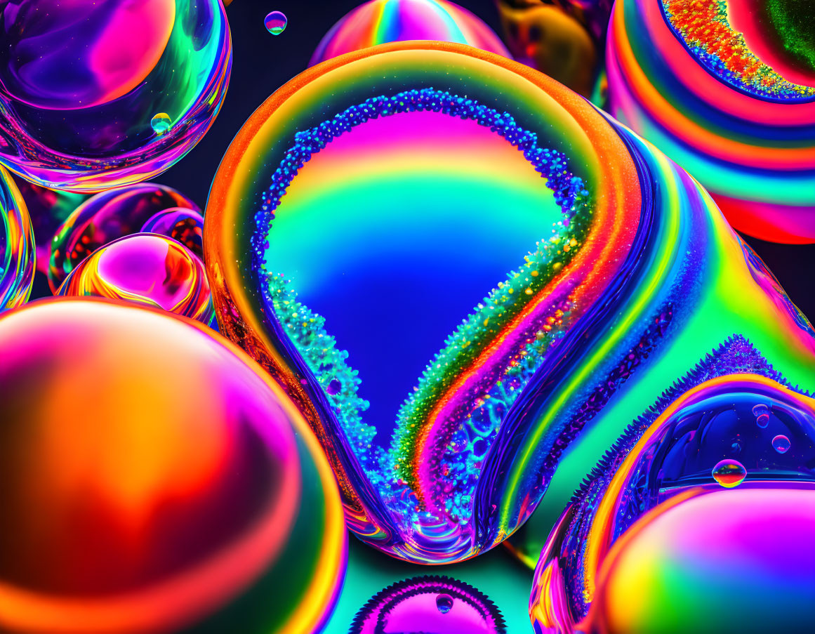 Colorful Abstract Swirling Patterns and Bubbles on Dark Background